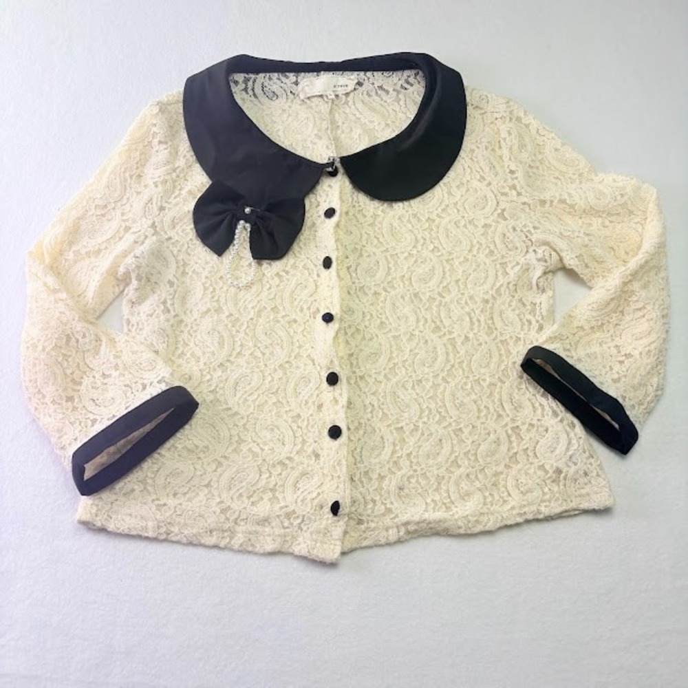 Women's‎ Large a'reve Lace Button Down Top White/Black Coquette, Twee, Retro